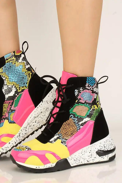 Multi Printed Lace Up High Top Sneaker Wedges - AMIClubwear