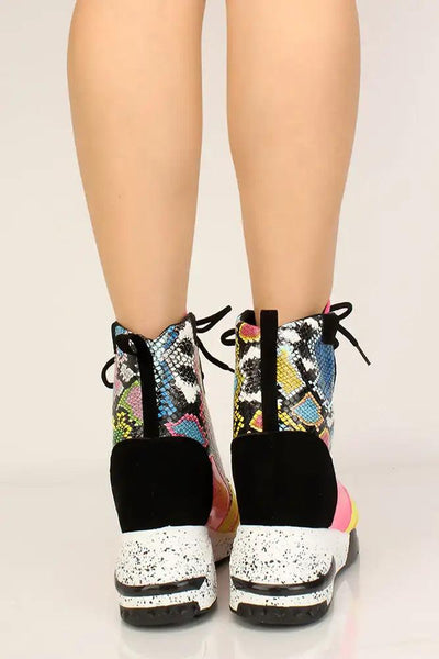 Multi Printed Lace Up High Top Sneaker Wedges - AMIClubwear