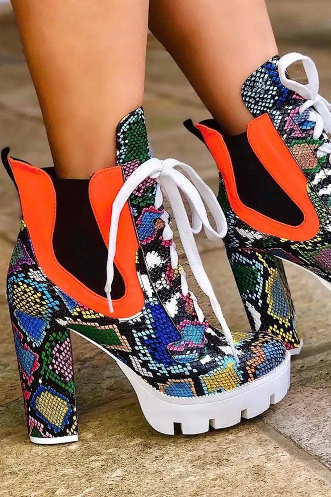 Multi Printed Lace Up Platform Chunky Heel Booties - AMIClubwear