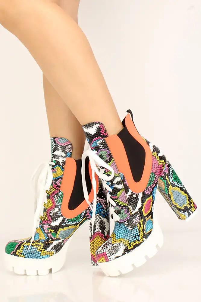 Multi Printed Lace Up Platform Chunky Heel Booties - AMIClubwear