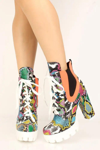 Multi Printed Lace Up Platform Chunky Heel Booties - AMIClubwear