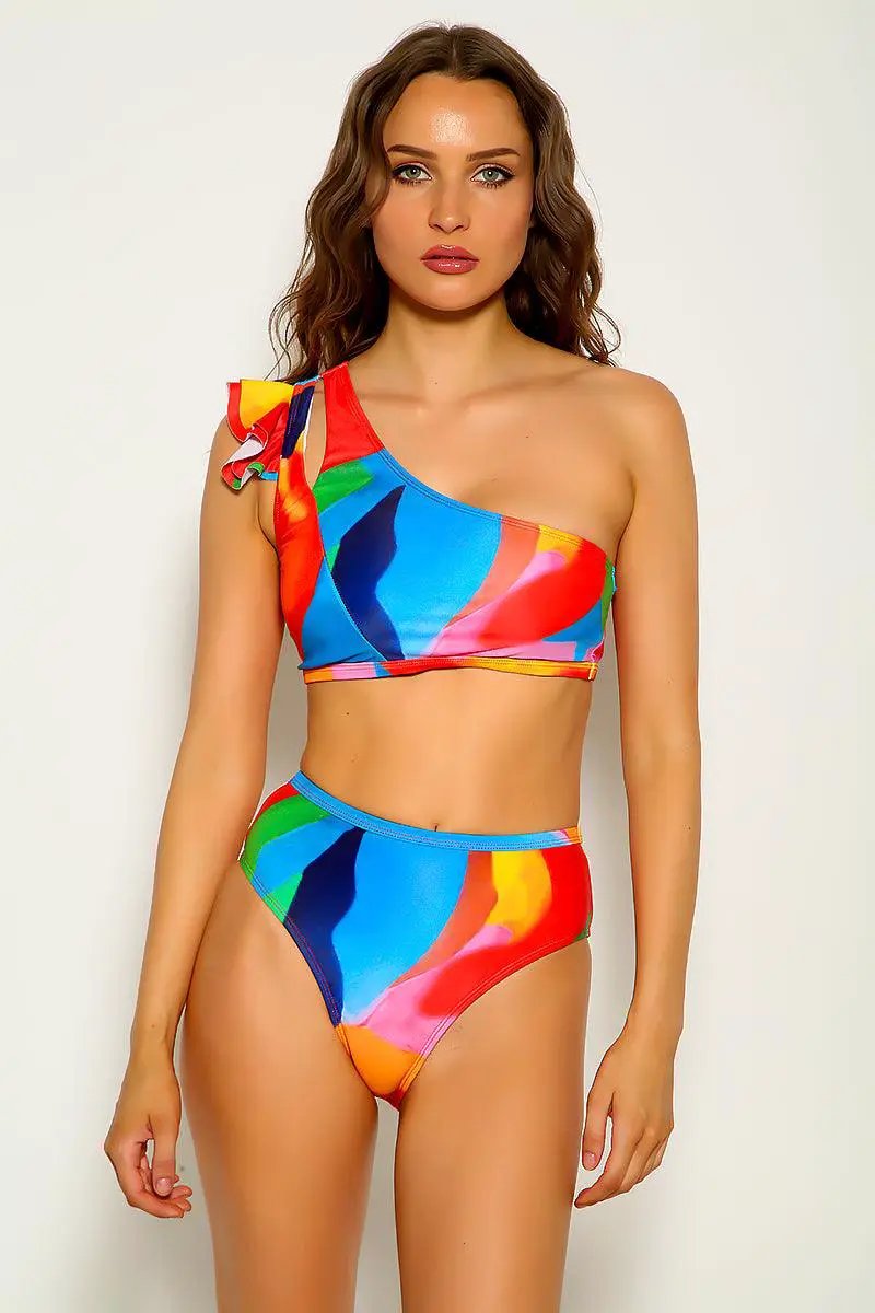 Multi Printed Ruffled Sexy Two Piece Swimsuit