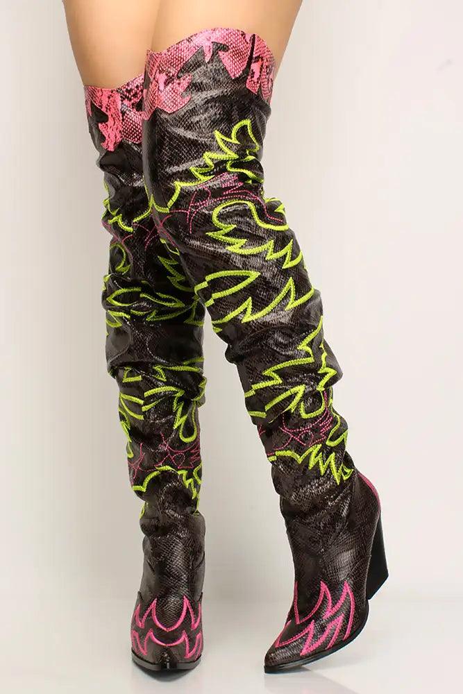 Multi Printed Thigh High Chunky Boots - AMIClubwear