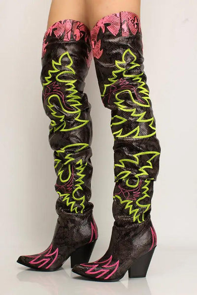 Multi Printed Thigh High Chunky Boots - AMIClubwear