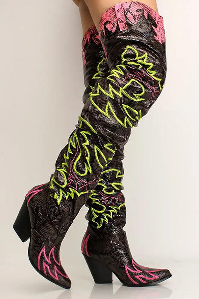 Multi Printed Thigh High Chunky Boots - AMIClubwear