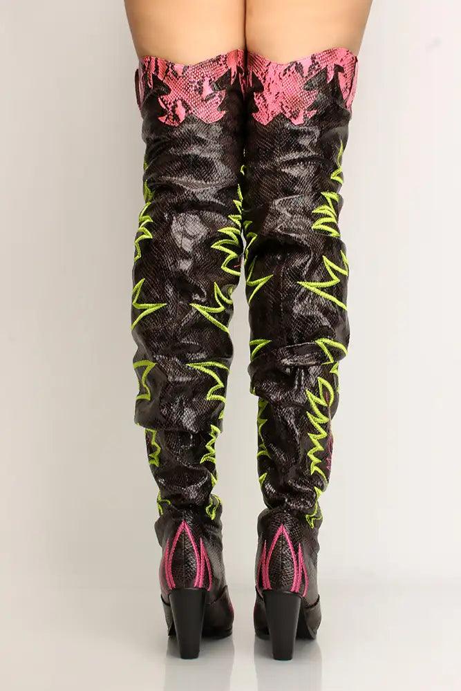 Multi Printed Thigh High Chunky Boots - AMIClubwear