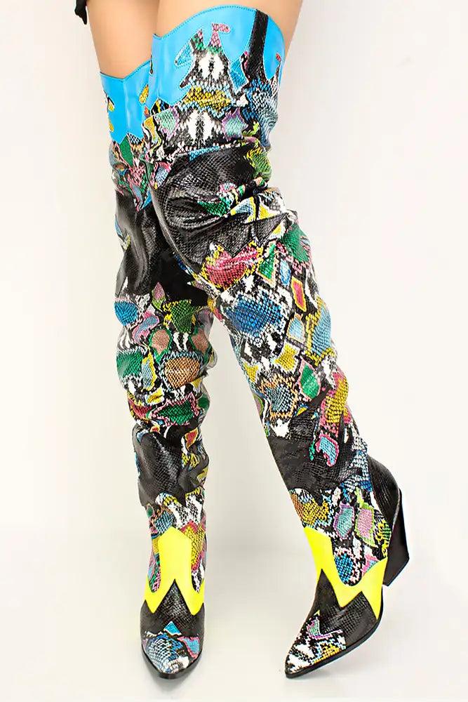 Multi Printed Thigh High Cowgirl Boots - AMIClubwear