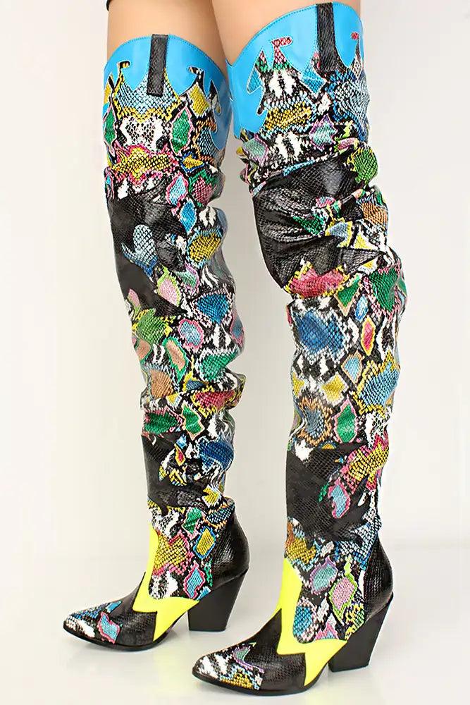 Multi Printed Thigh High Cowgirl Boots - AMIClubwear