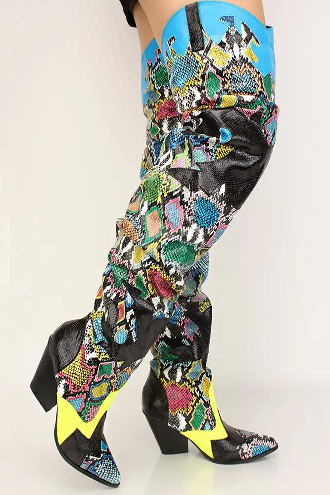 Multi Printed Thigh High Cowgirl Boots - AMIClubwear