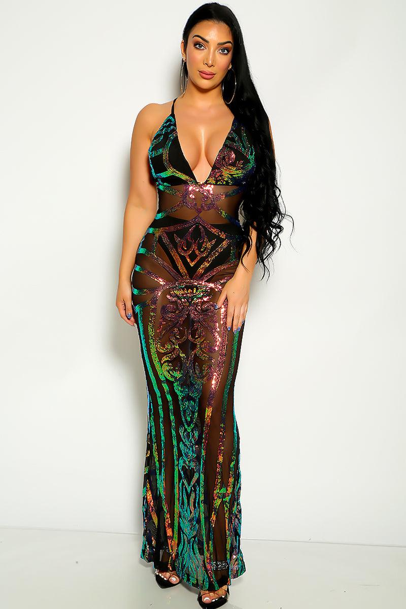 Multi Sequins V-Cut Sleeveless Maxi Party Dress - AMIClubwear