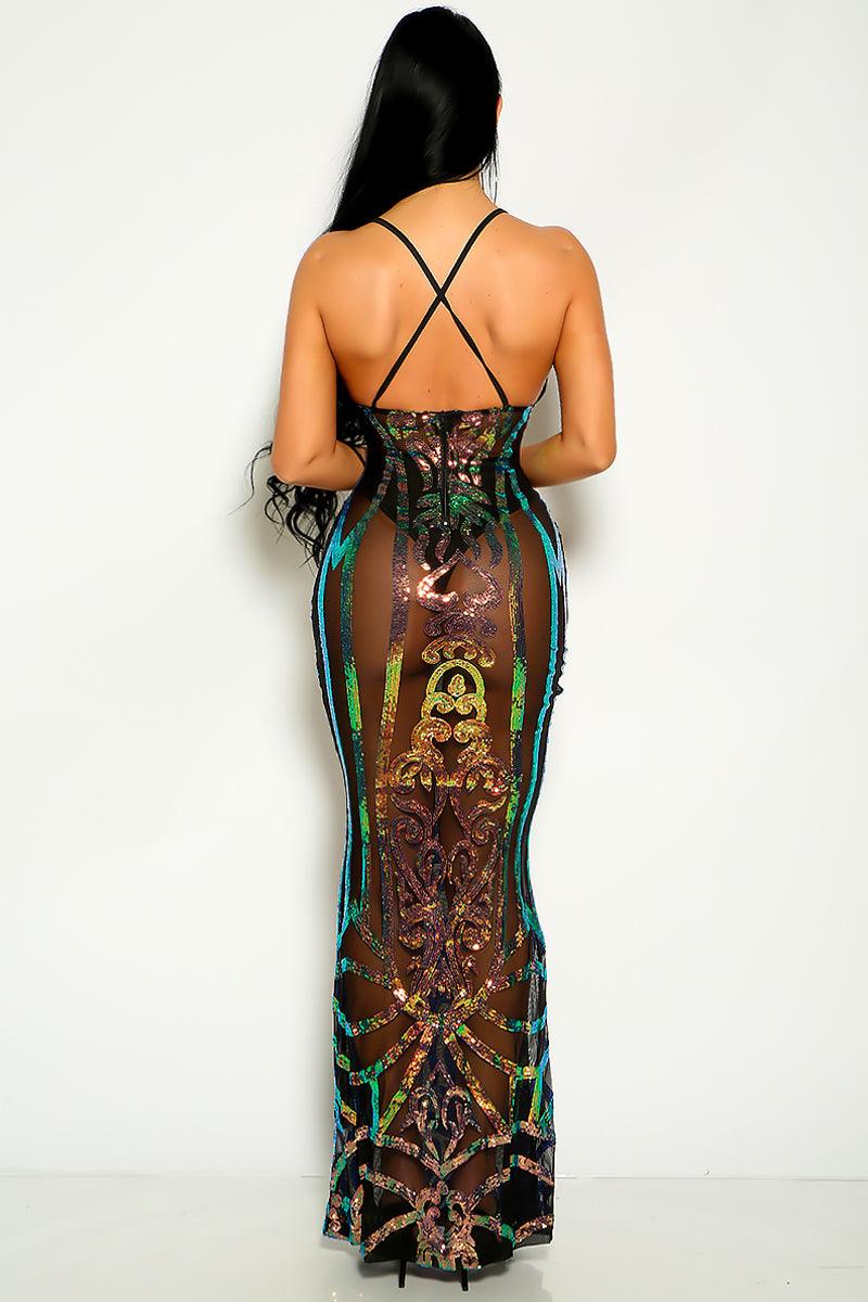 Multi Sequins V-Cut Sleeveless Maxi Party Dress - AMIClubwear