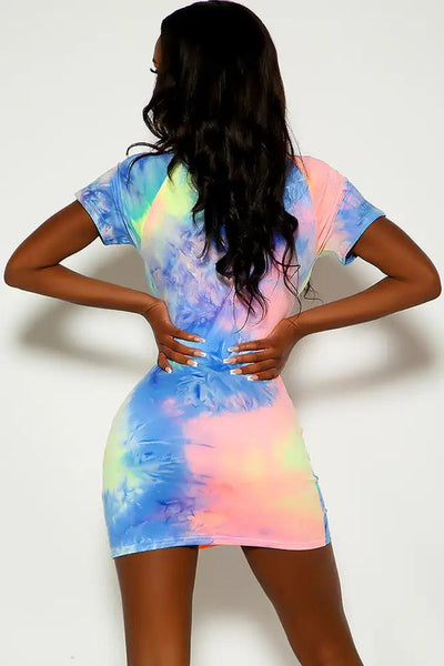 Multi Short Sleeve Tie Dye Dress - AMIClubwear