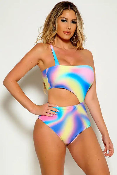 Multi Sleeveless One Shoulder Side Cut Out One Piece Swimsuit - AMIClubwear