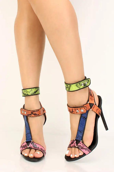 Multi Snake Print Open Toe High Heels - AMIClubwear