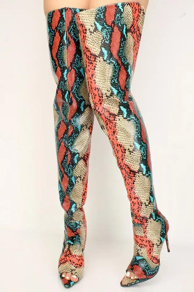 Multi Snake Print Peep Toe Thigh High Boots - AMIClubwear