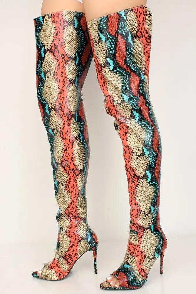 Multi Snake Print Peep Toe Thigh High Boots - AMIClubwear