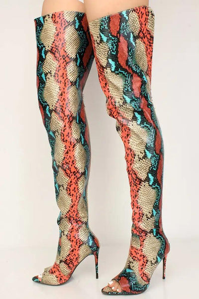 Multi Snake Print Peep Toe Thigh High Boots - AMIClubwear