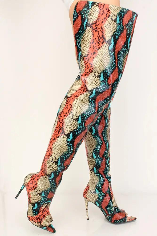 Multi Snake Print Peep Toe Thigh High Boots - AMIClubwear