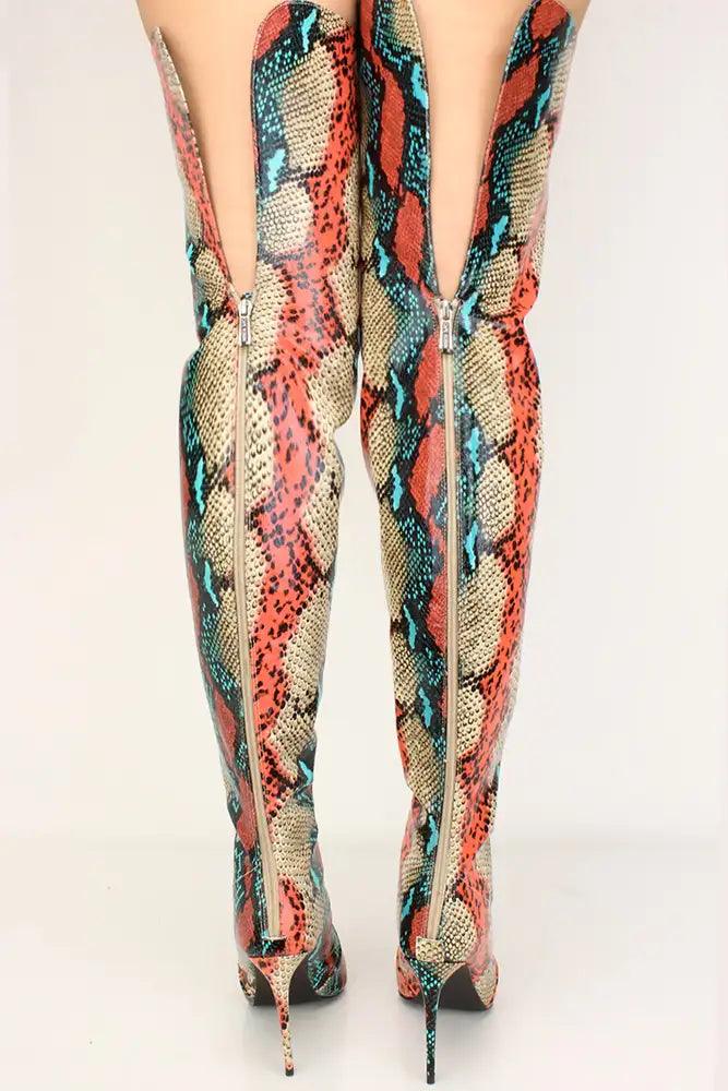 Multi Snake Print Peep Toe Thigh High Boots - AMIClubwear