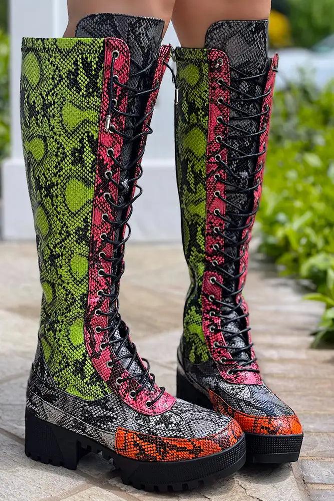 Multi Snake Print Round Toe Lace Up Platform Boots - AMIClubwear