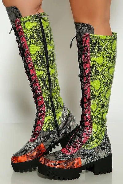 Multi Snake Print Round Toe Lace Up Platform Boots - AMIClubwear
