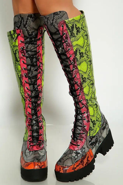 Multi Snake Print Round Toe Lace Up Platform Boots - AMIClubwear