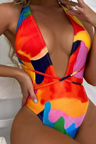 Multi Strappy Sexy Printed One Piece Swimsuit - AMIClubwear