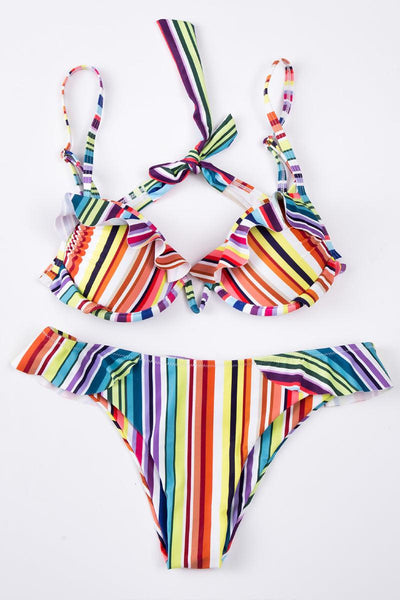 Multi Striped V Underwire Ruffled Two Piece Swimsuit - AMIClubwear