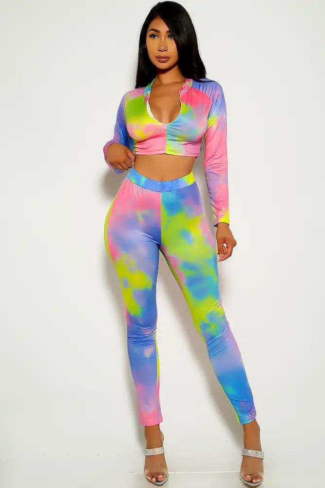 Multi Tie Dye Long Sleeve Zipper 2 Piece Pants Outfit - AMIClubwear