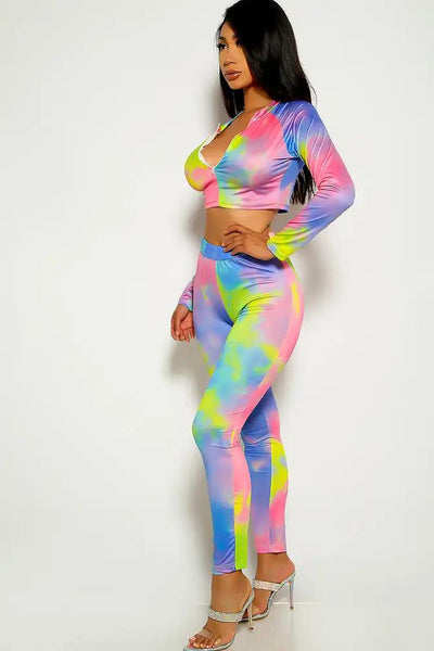 Multi Tie Dye Long Sleeve Zipper 2 Piece Pants Outfit - AMIClubwear