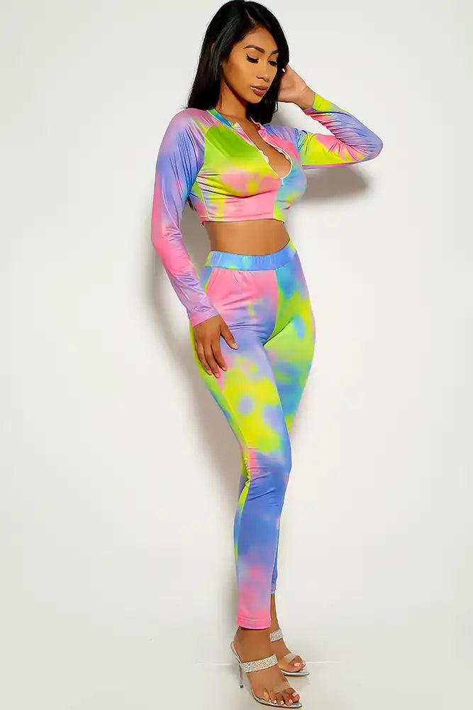 Multi Tie Dye Long Sleeve Zipper 2 Piece Pants Outfit - AMIClubwear