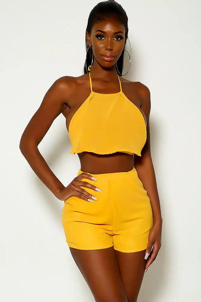 Mustard Halter Shorts Two Piece Outfit - AMIClubwear