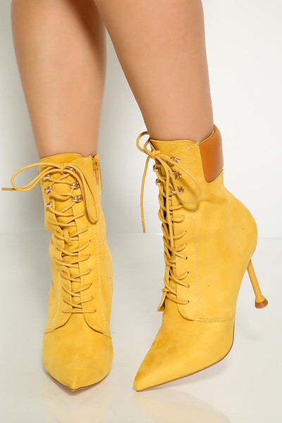 Mustard Lace Up Ankle High Heel Booties - AMIClubwear