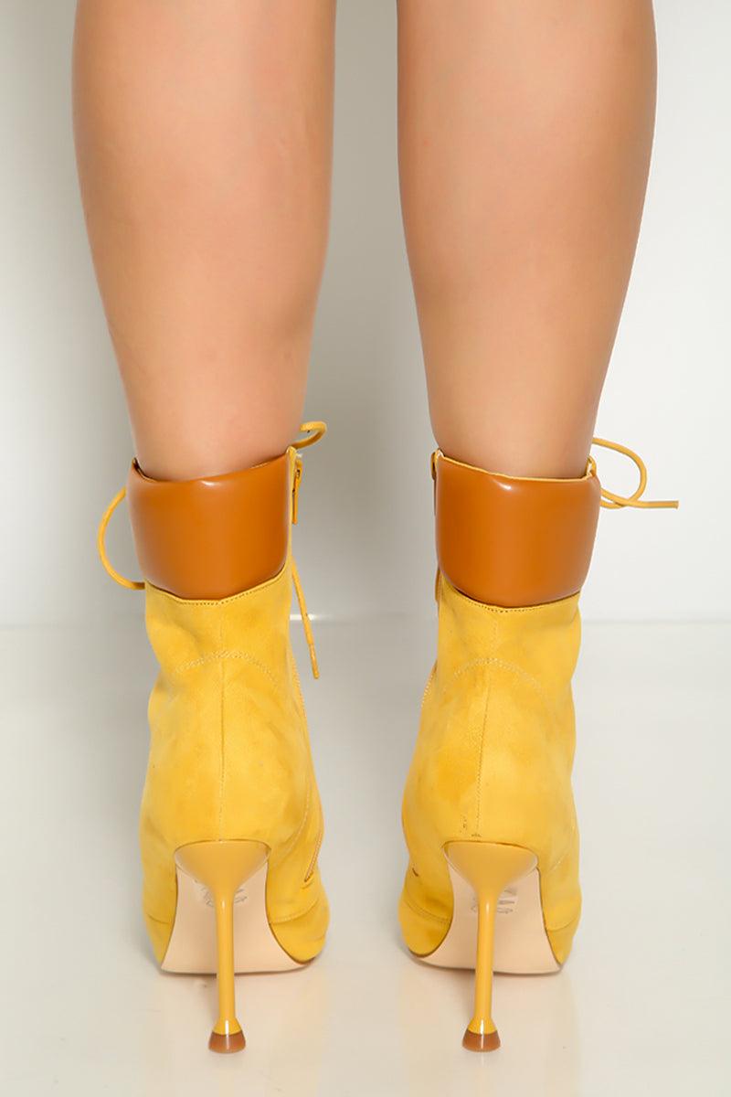 Mustard Lace Up Ankle High Heel Booties - AMIClubwear