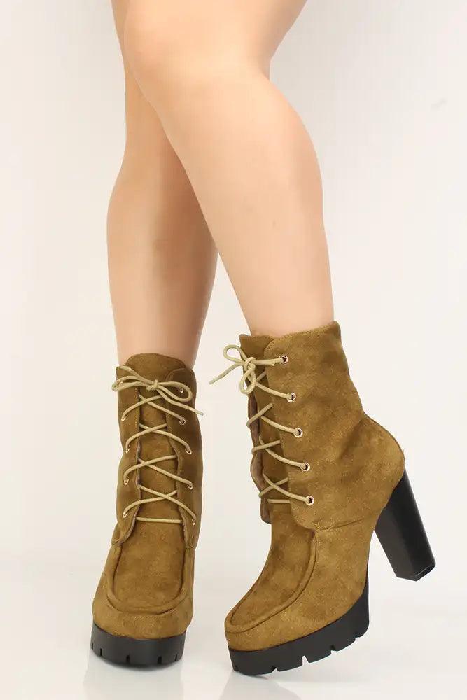 Mustard Lace Up Chunky Heel Combat Boots Faux Suede - AMIClubwear