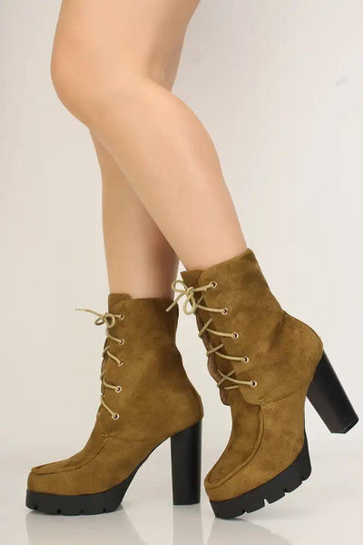 Mustard Lace Up Chunky Heel Combat Boots Faux Suede - AMIClubwear