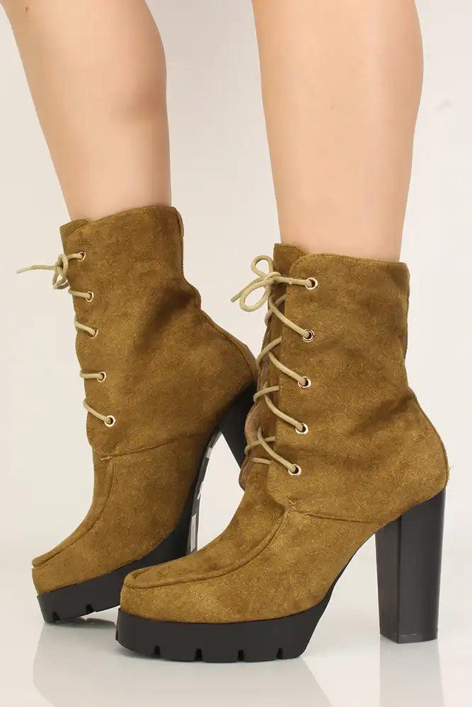 Mustard Lace Up Chunky Heel Combat Boots Faux Suede - AMIClubwear