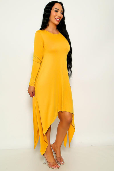 Mustard Long Sleeve High Low Asymmetric Dress - AMIClubwear