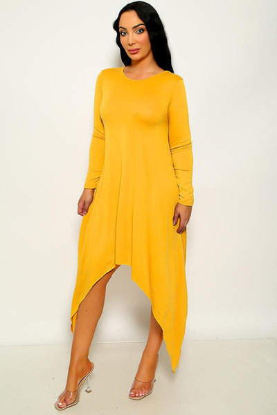 Mustard Long Sleeve High Low Asymmetric Dress - AMIClubwear