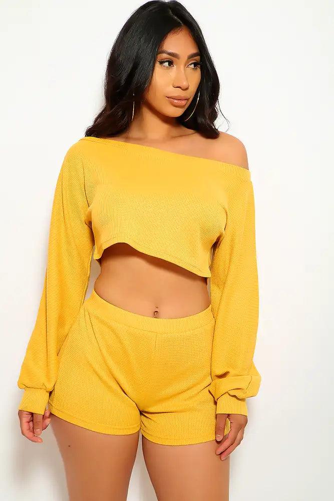 Mustard Long Sleeve Plus Size Two Piece Outfit - AMIClubwear