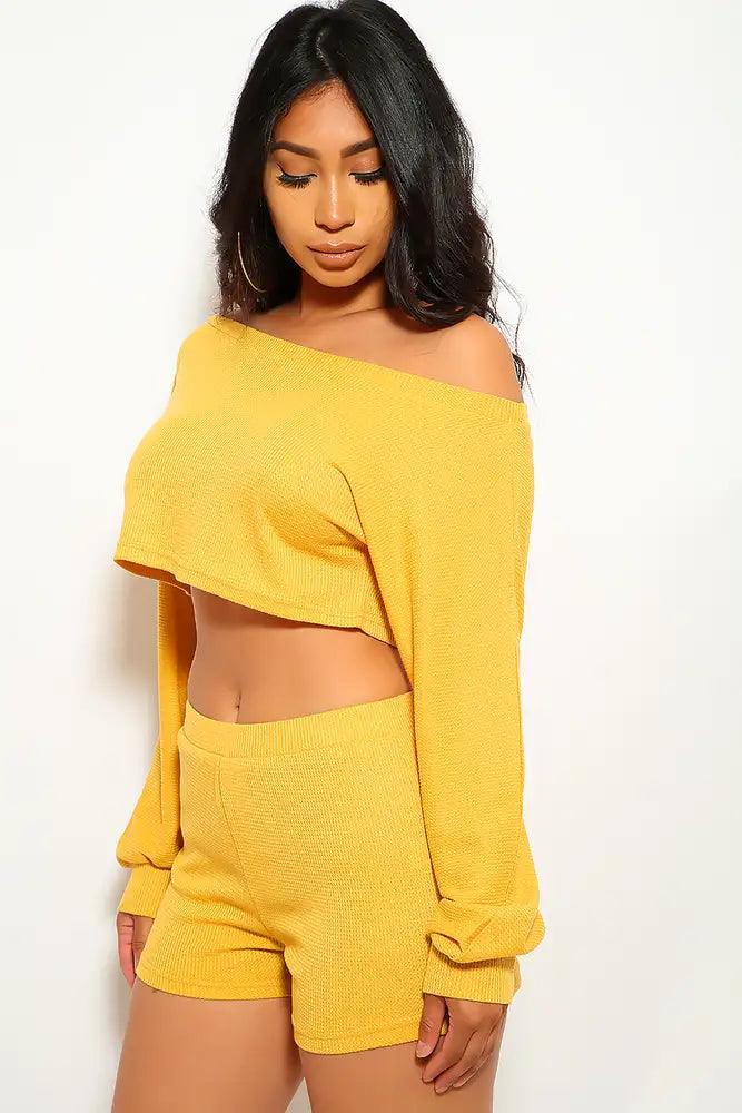 Mustard Long Sleeve Plus Size Two Piece Outfit - AMIClubwear