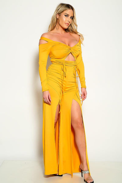 Mustard Long Sleeves Flared Two Piece Outfit - AMIClubwear