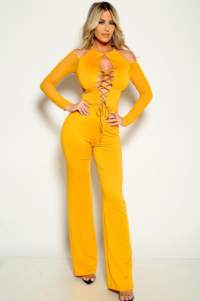 Mustard Long Sleeves Lace Up Flared Jumpsuit - AMIClubwear