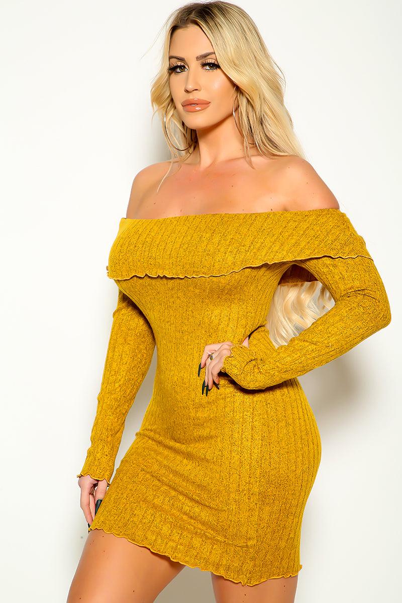 Mustard Off Shoulder Wavy Trim Sexy Sweater Dress - AMIClubwear