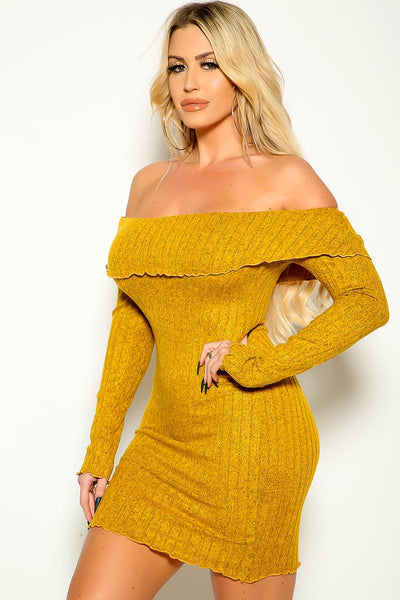 Mustard Off Shoulder Wavy Trim Sexy Sweater Dress - AMIClubwear