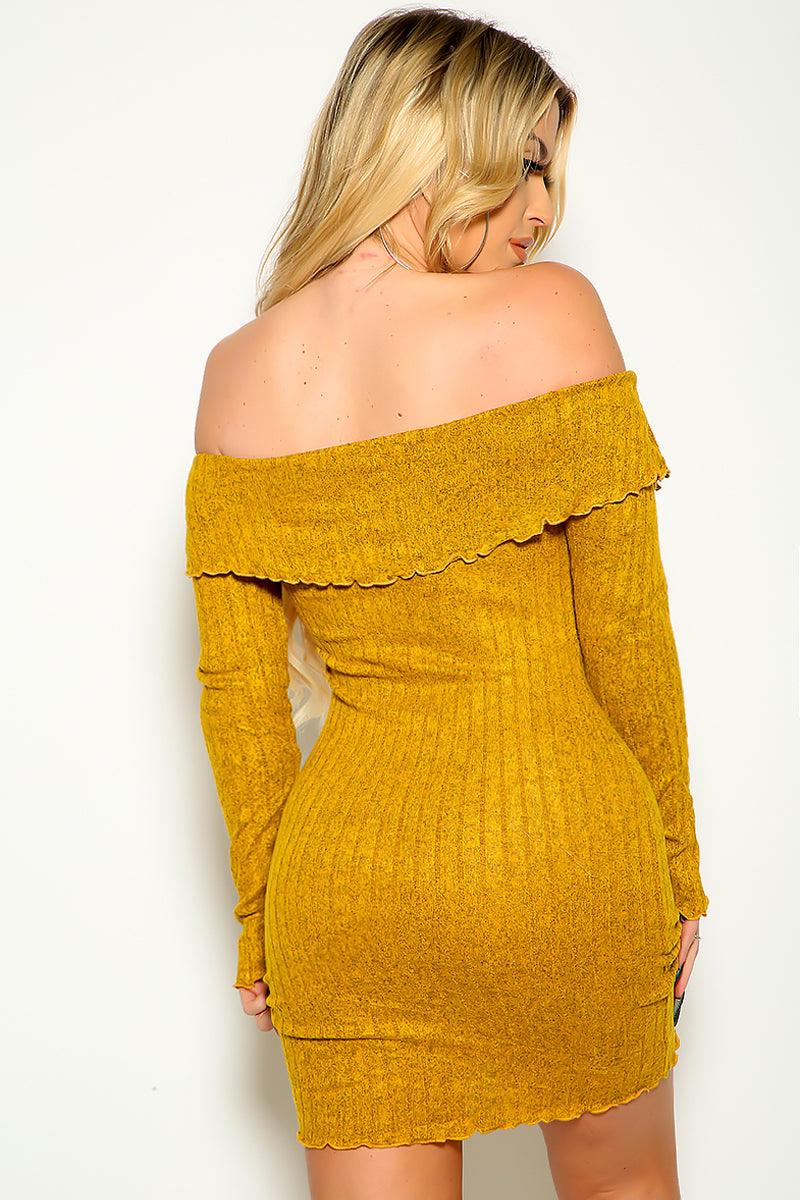 Mustard Off Shoulder Wavy Trim Sexy Sweater Dress - AMIClubwear