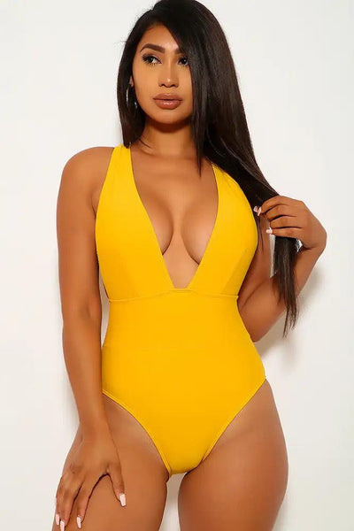 Mustard One Piece Plunging Swimsuit - AMIClubwear