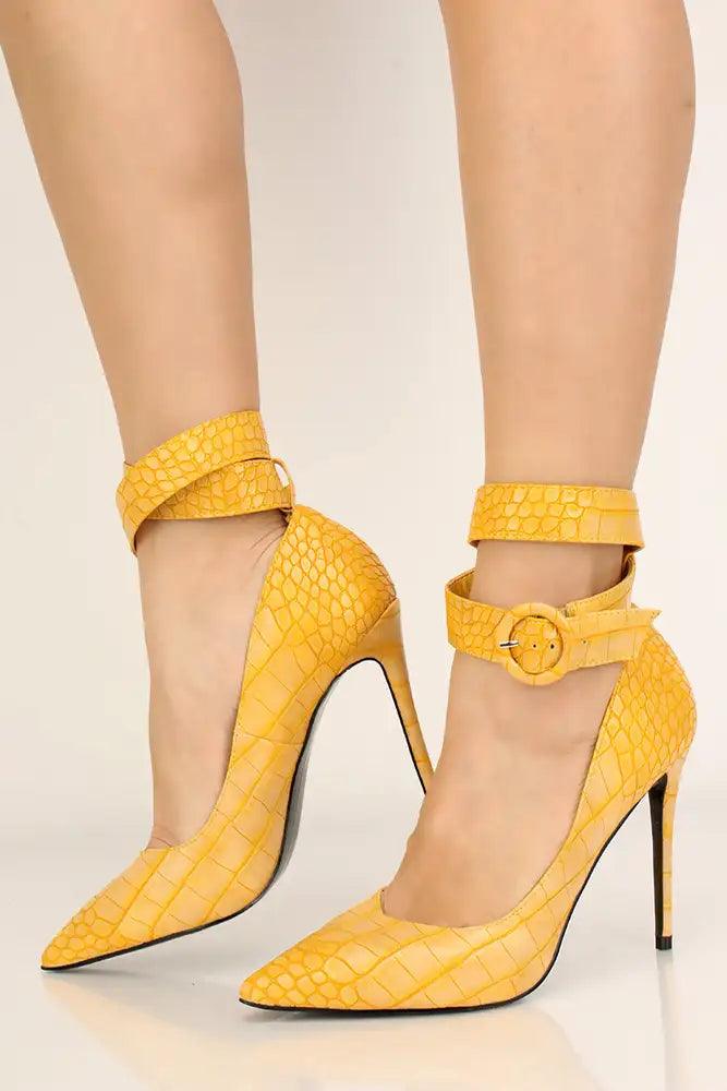 Mustard Reptile Print Pointy Toe Pumps High Heels - AMIClubwear
