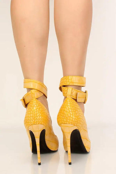 Mustard Reptile Print Pointy Toe Pumps High Heels - AMIClubwear