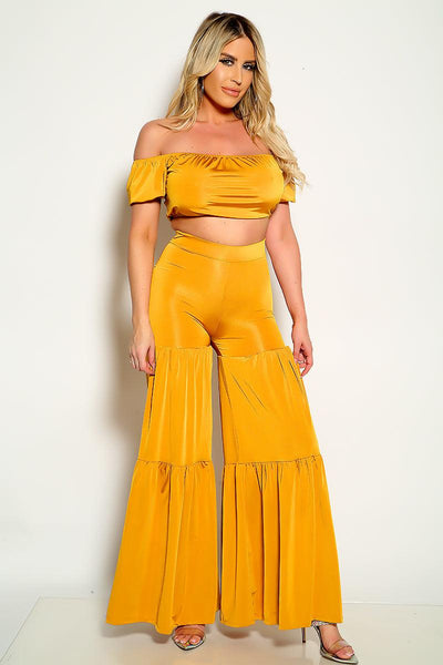 Mustard Short Sleeve Flared Two Piece Outfit - AMIClubwear